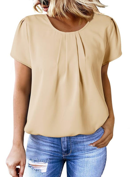 Polyester Blouses - Women's Chiffon Blouse Short Sleeve Pleated Top with Keyhole Back Detail