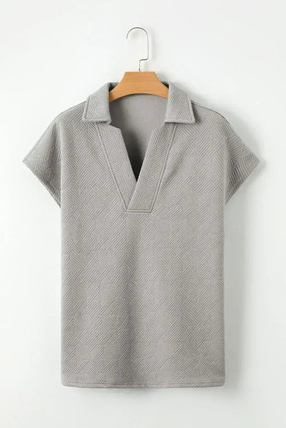 White Textured V Neck Collared Split Hem T Shirt