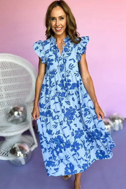 Rose Floral Print Tiered Flutter Sleeve Maxi Dress