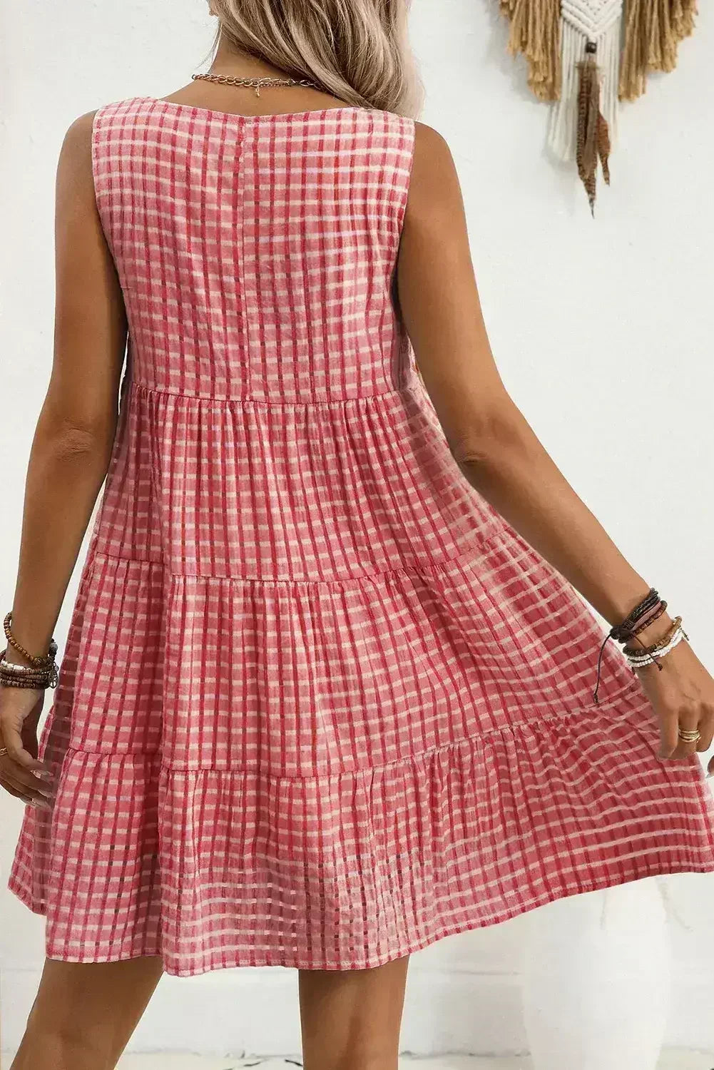 Light Blue Gingham High Waist Sleeveless Mini Dress