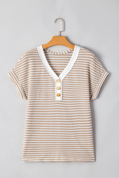Khaki Striped Knitted Top with Button Front and V Neck for Women's Blouse