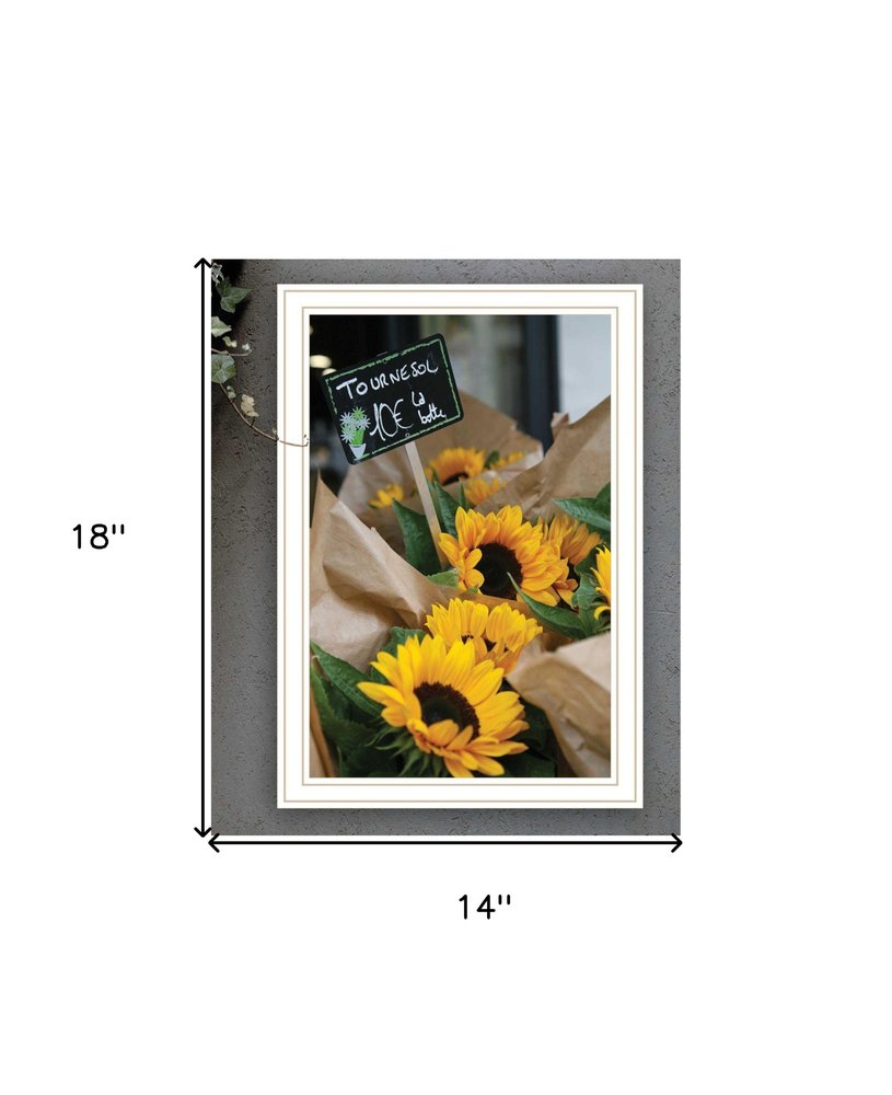 Framed picture of sunflowers with dimensions indicated