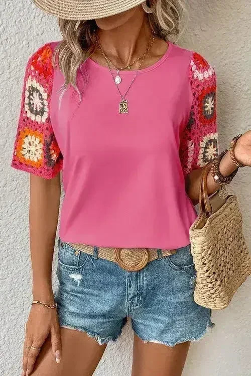 Geometric Round Neck Short Sleeve Blouse | Femstylo