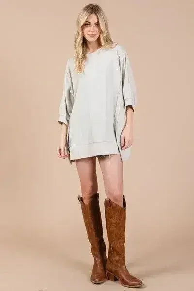 Drop Shoulder Puff Sleeve Sweatshirt | Side Slit Casual Top -Femstylo
