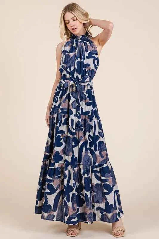 Lime and Chili Maxi Dress - Abstract Halter Neck Tie-Waist Tiered Design