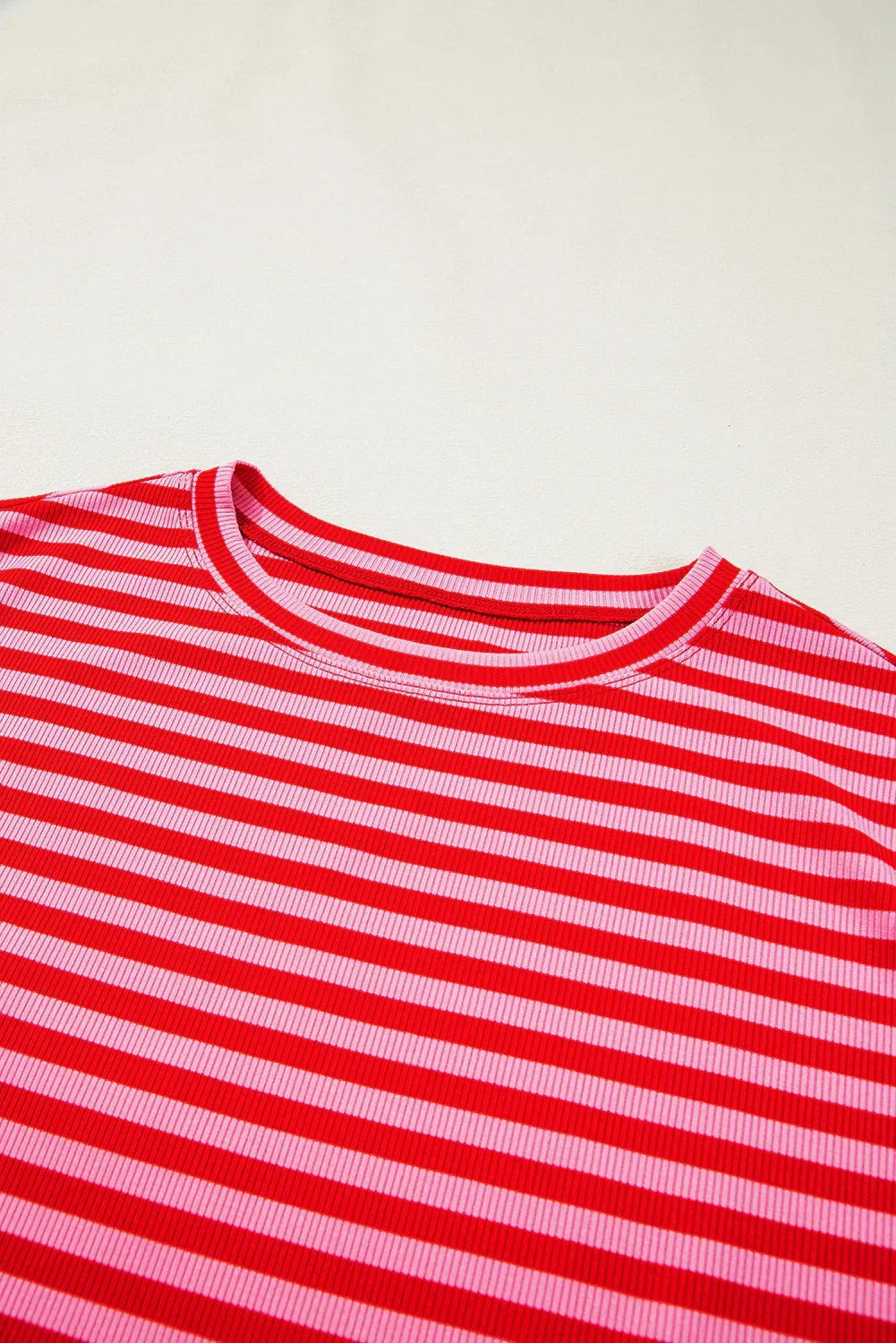 Black Stripe Ribbed Cap Sleeve Round Neck T Shirt