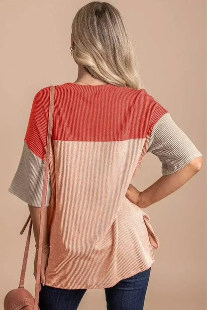 Black Color Block Ribbed Side Slits Half Sleeve Top