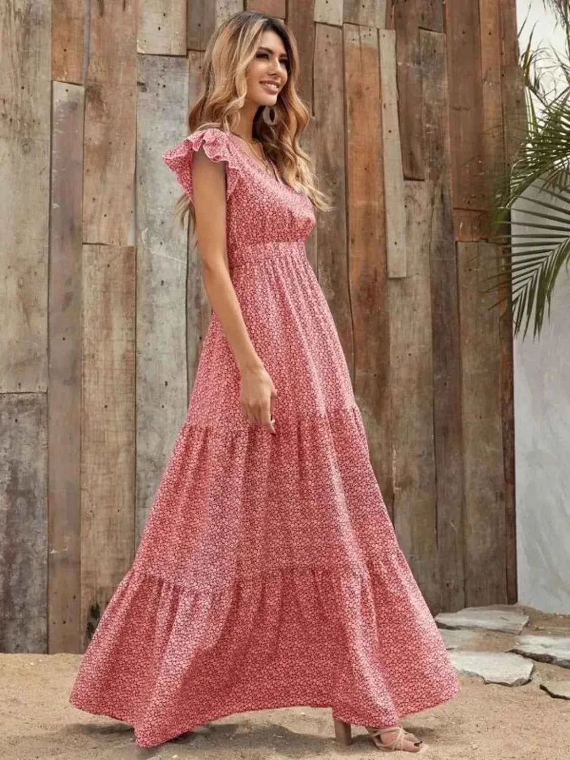 Printed V-Neck Maxi Dress with Ruffle Sleeves