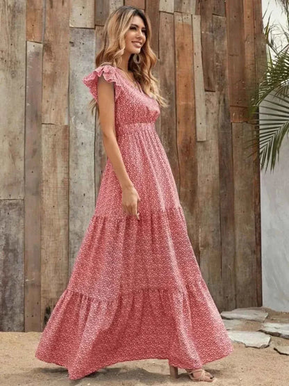 Printed V-Neck Maxi Dress with Ruffle Sleeves