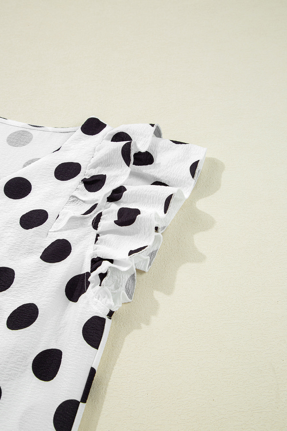 White Polka Dot Print V Neck Ruffle Blouse