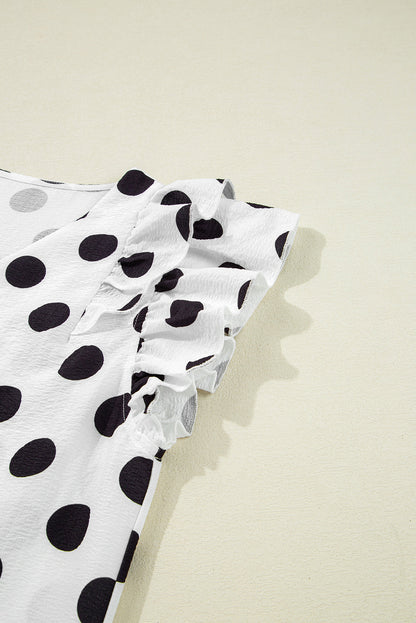White Polka Dot Print V Neck Ruffle Blouse