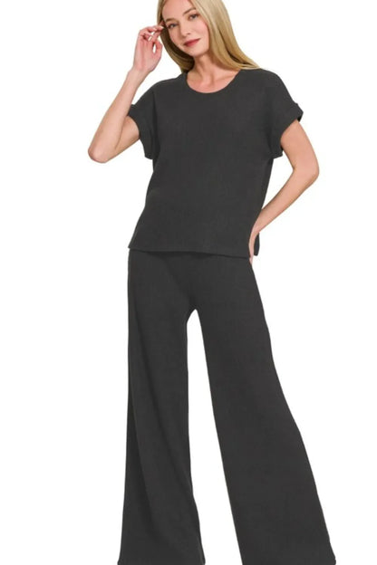 Zenana Rolled Sleeve Top and Pants Sweater Set in Black