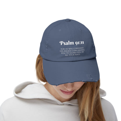 Faith-Inspired Unisex Distressed Cap, Psalm 91:11 Scripture Hat for Daily Wear, Inspirational Gift, Casual Style, Christian Faith