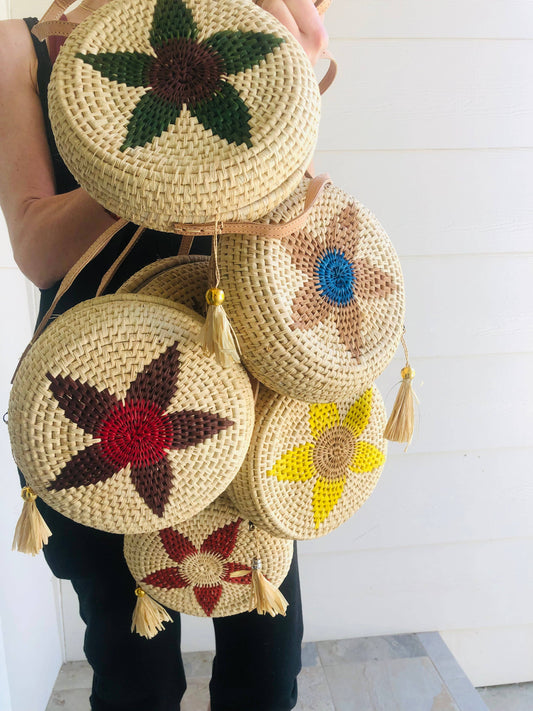 Carmel Crochet Round Flower Straw Crossbody Bag with Tassel