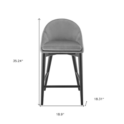 26" Gray And Black Velvet And Solid Wood Low Back Counter Height Bar Chair