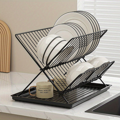 1pc Modern 2-Tier X-Shape Foldable Dish Drying Rack - Space-Saving