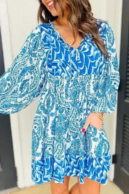 Green Bohemian Print Puff Sleeve Tied V Neck Flared Mini Dress