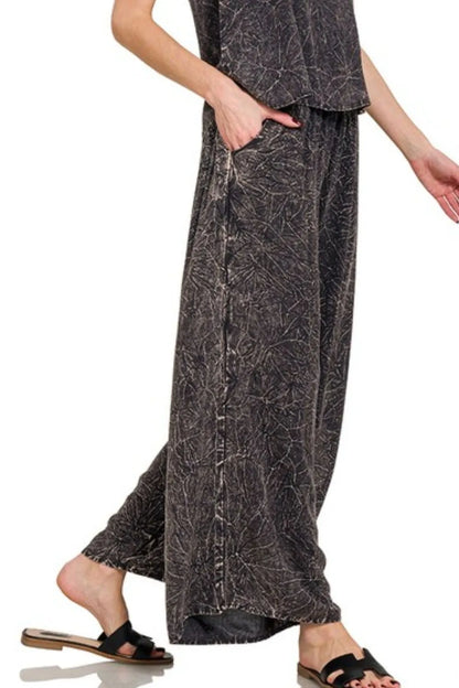 Zenana Woven Acid Crinkle Washed Cami & Pants 2 Piece Set