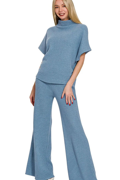 Zenana Sweater Mock Neck Top & Long Pants Set in Dusty Blue