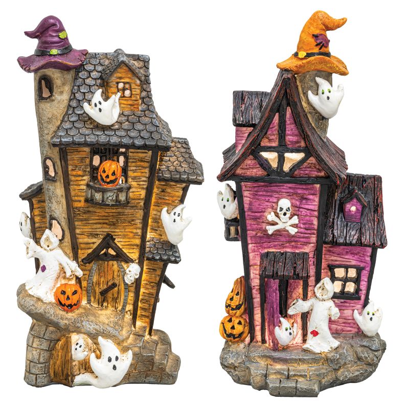 11" Spooky Haunted Houses with Lights - Set of 2