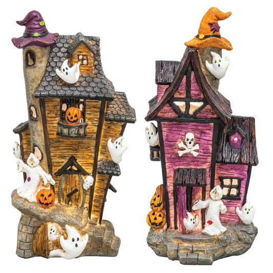 11" Spooky Haunted Houses with Lights - Set of 2