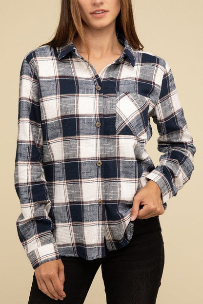 ZENANA Cotton Plaid Shacket With Front Pocket
