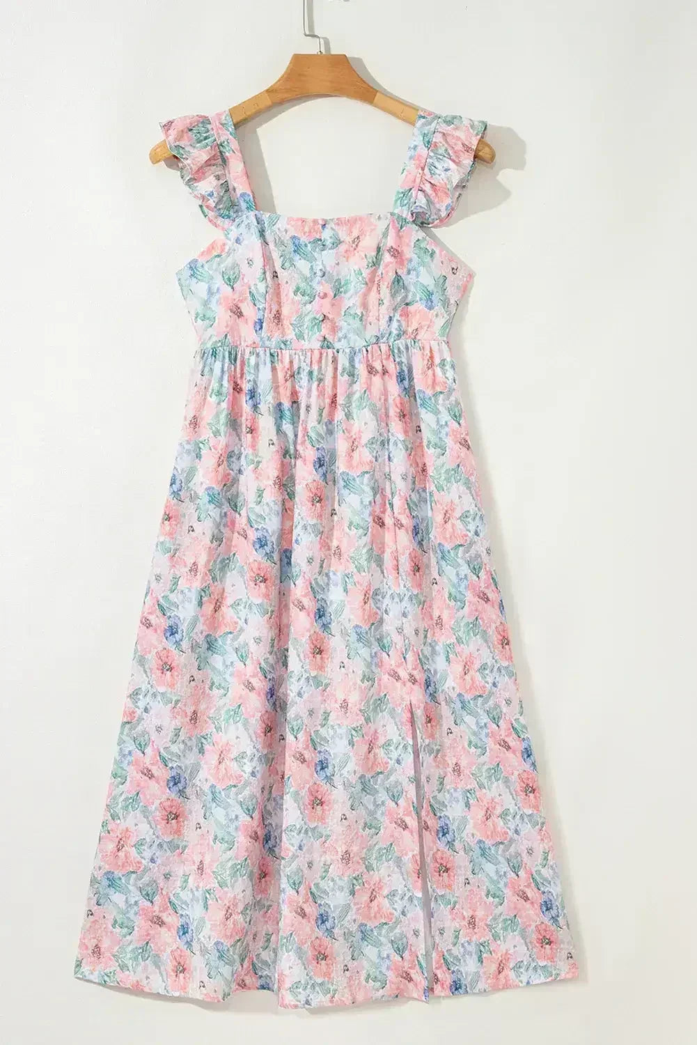 Pink Floral Print Square Neck Backless Dress with Slit