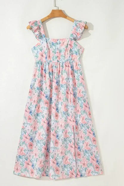 Pink Floral Print Square Neck Backless Dress with Slit