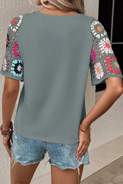 Geometric Round Neck Short Sleeve Blouse | Femstylo