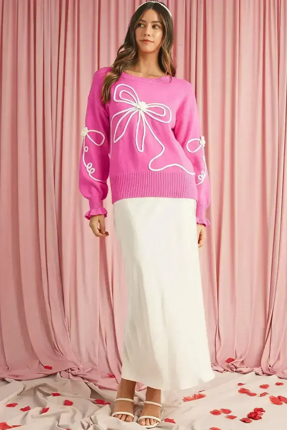 Bright Pink Sweet Bow Pattern Drop Sleeve Knit Sweater