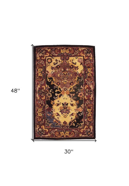 3' X 4' Tan Black and Red Wool Floral Area Rug