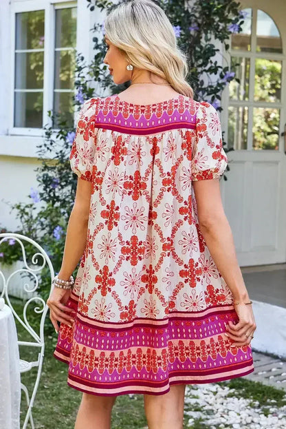 Rose Boho Floral Short Sleeve Tie V Neck Mini Dress