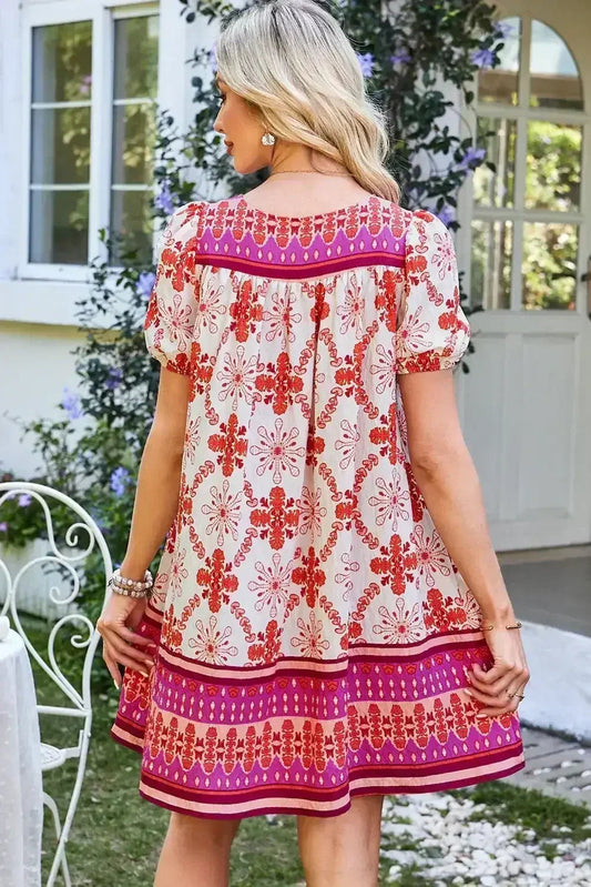 Rose Boho Floral Short Sleeve Tie V Neck Mini Dress
