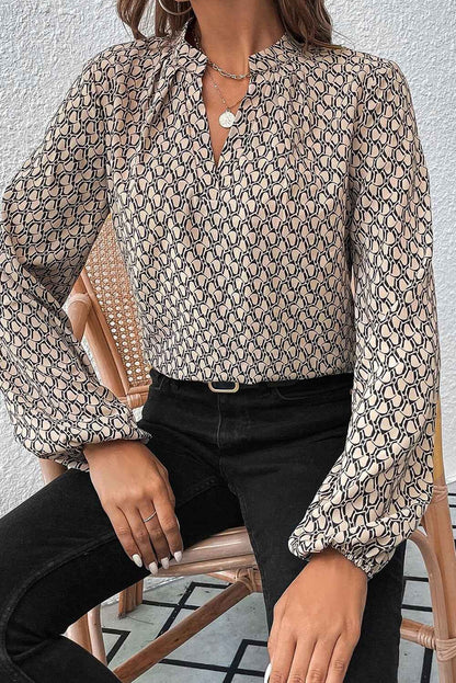Green Geometric Print Blouse with Notched Neck and Long Sleeves