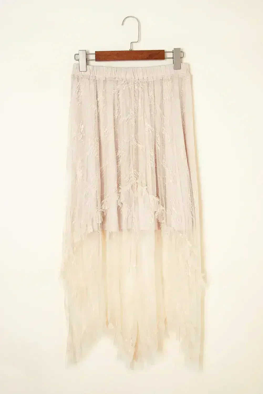 Beige Lace Cascading Tiered High Waist Maxi Skirt