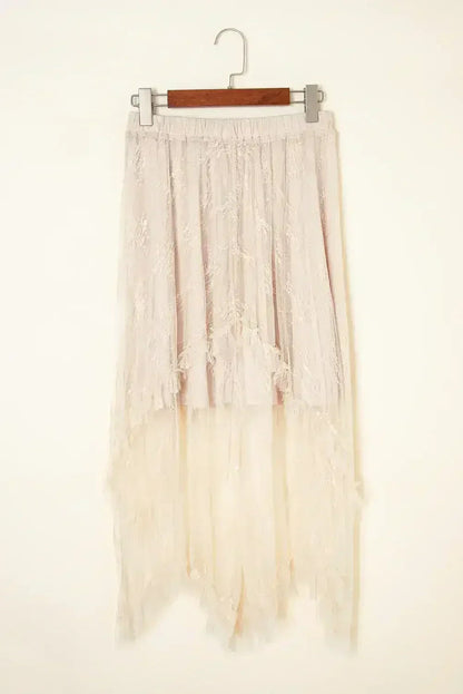 Beige Lace Cascading Tiered High Waist Maxi Skirt