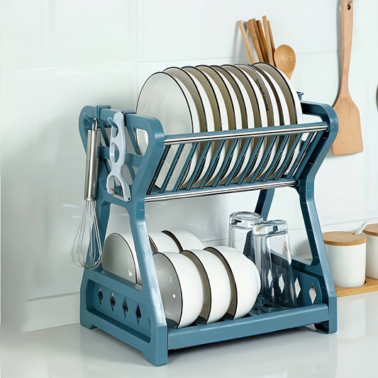 Space-Saving 2-Tier Kitchen Dish Rack with Drainboard - Sleek Blue &
