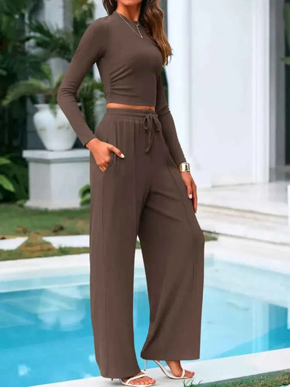 Round Neck Long Sleeve Crop Top and Pants Set