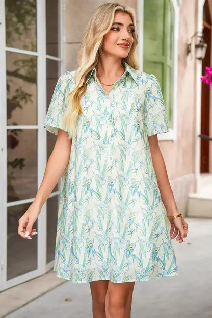 Green Floral Half Button Short Sleeve Mini Dress