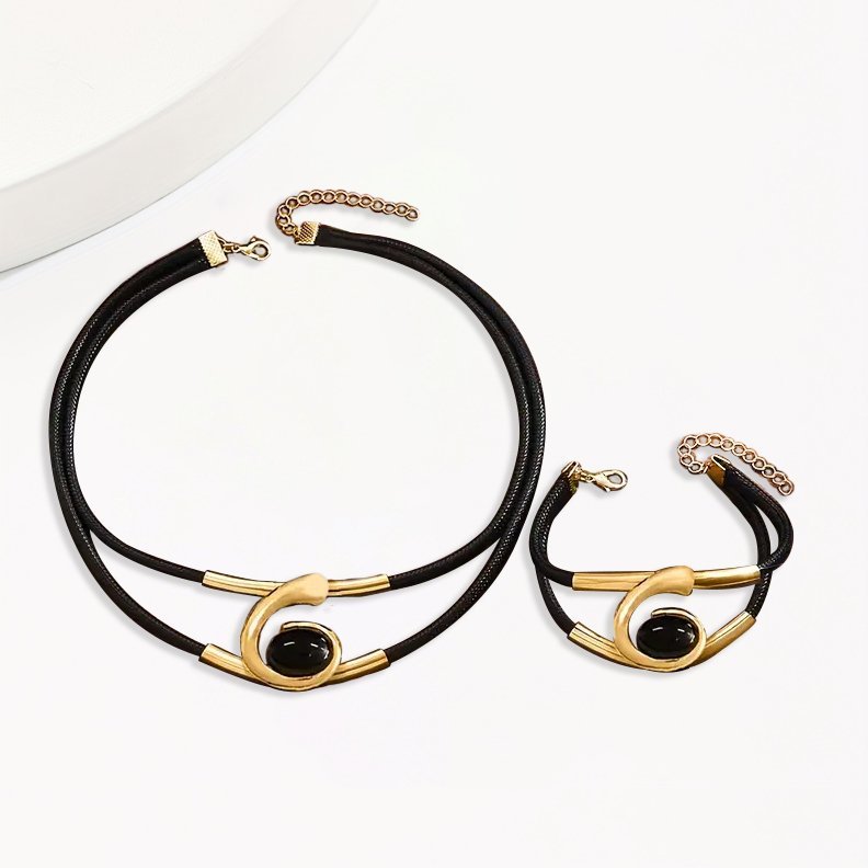Modern Elegance Black and Silver Leather Choker and Bracelet Combo