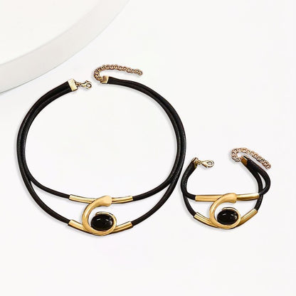 Modern Elegance Black and Silver Leather Choker and Bracelet Combo