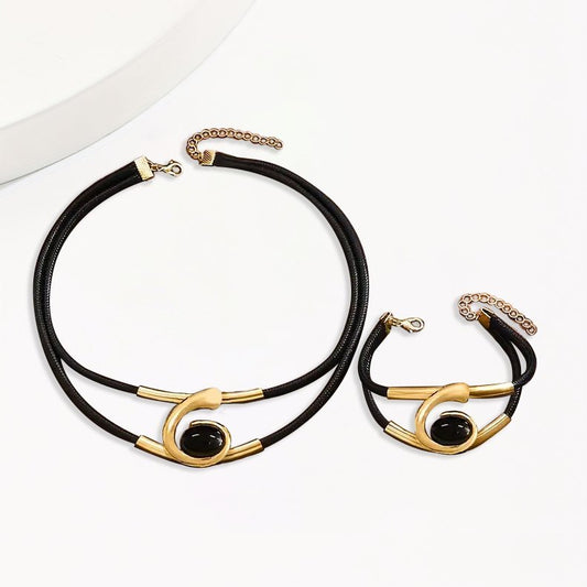 Modern Elegance Black and Silver Leather Choker and Bracelet Combo