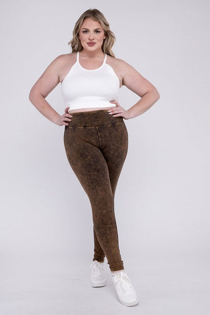 ZENANA Plus Mineral Washed Wide Waistband Yoga Leggings
