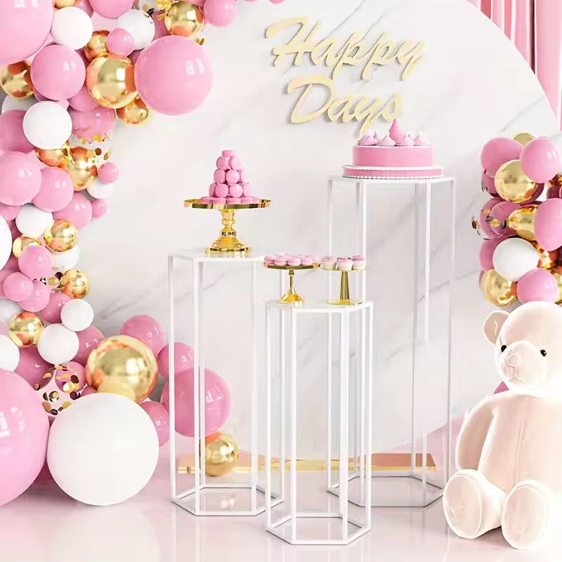 Hex Wedding Cake Stands | 3-Piece Set Gold Metal Pedestals