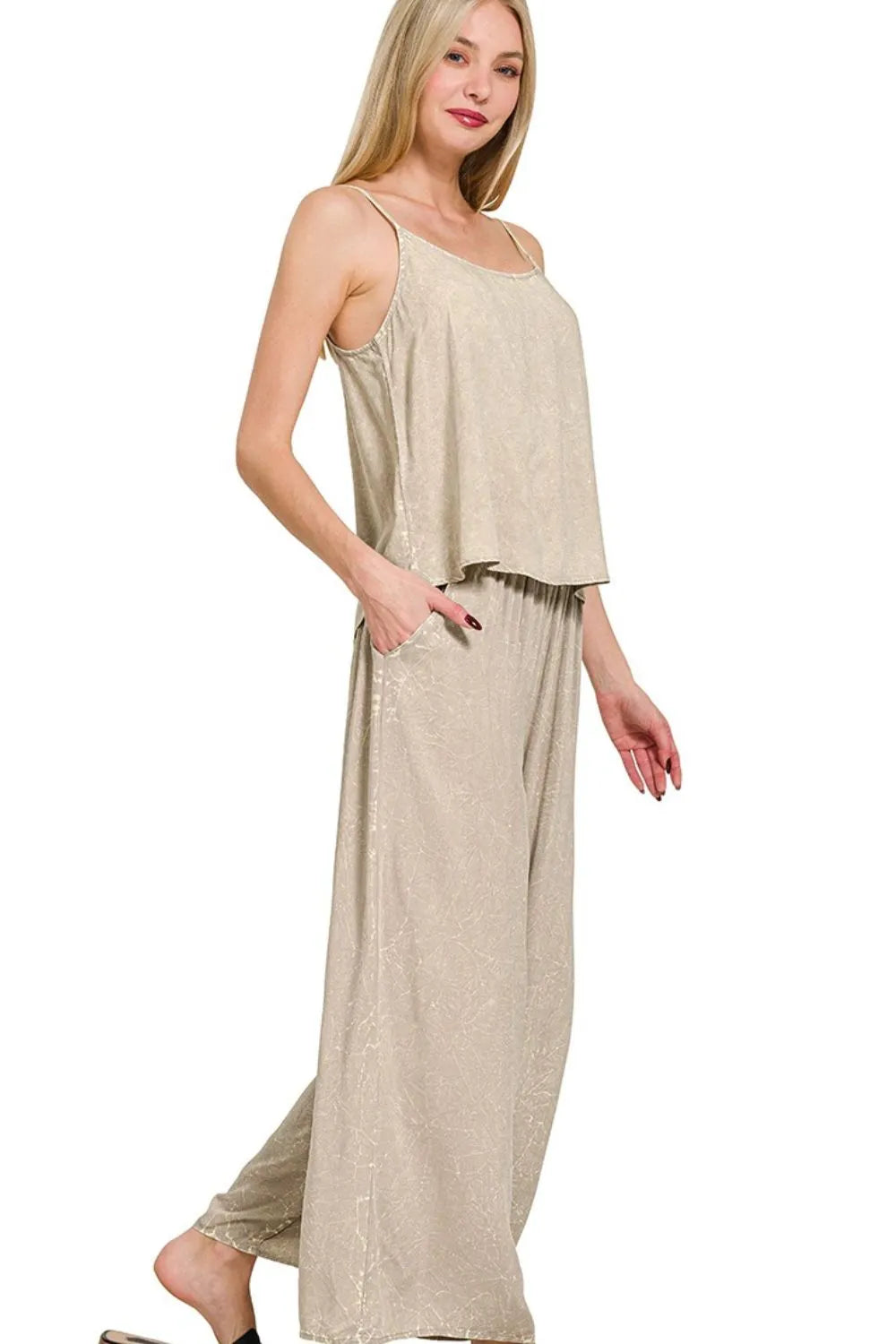 Zenana Woven Acid Crinkle Washed Cami & Pants 2 Piece Set