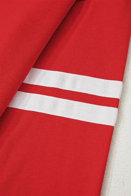 Fiery Red Preppy Striped Sleeve Loose Sweatshirt