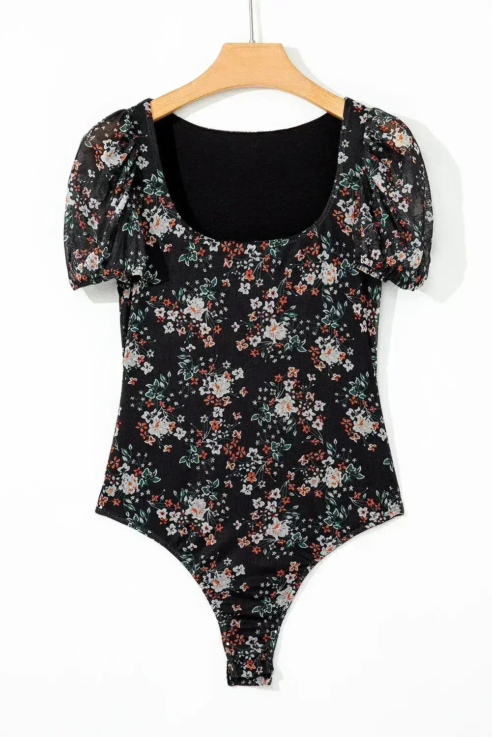 Floral Print Puff Sleeve U-Neck Bodysuit Black - Femstylo