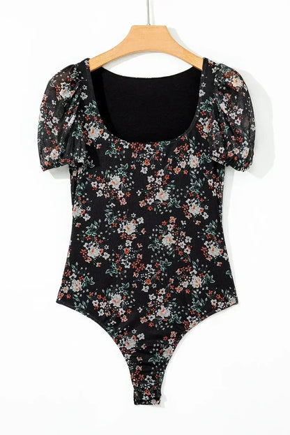 Floral Print Puff Sleeve U-Neck Bodysuit Black - Femstylo