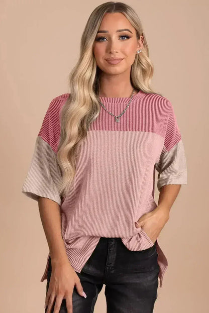Black Color Block Ribbed Side Slits Half Sleeve Top
