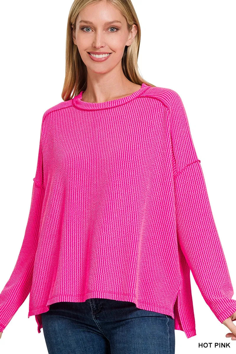 Zenana Exposed Seam Long Sleeve Corded Rib Knit Top in Pink